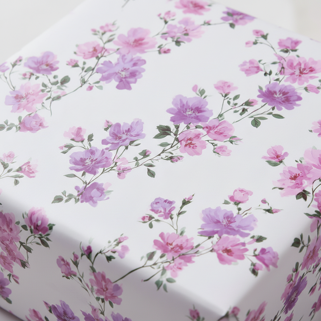 Elegant floral wrapping paper with delicate pink and purple blossoms, perfect for luxury birthday or wedding gifts.