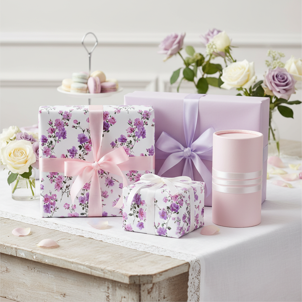 Elegant floral wrapping paper with pink and lavender gifts, perfect for weddings or special occasions, featuring satin ribbons and rose accents.