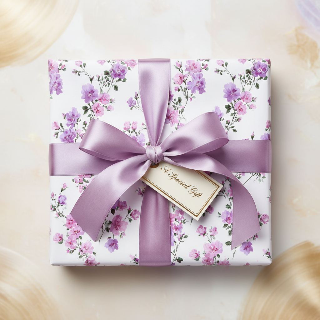 Elegant white floral wrapping paper with delicate pink and purple flowers, tied with a luxurious lavender ribbon and a "Special Gift" tag.