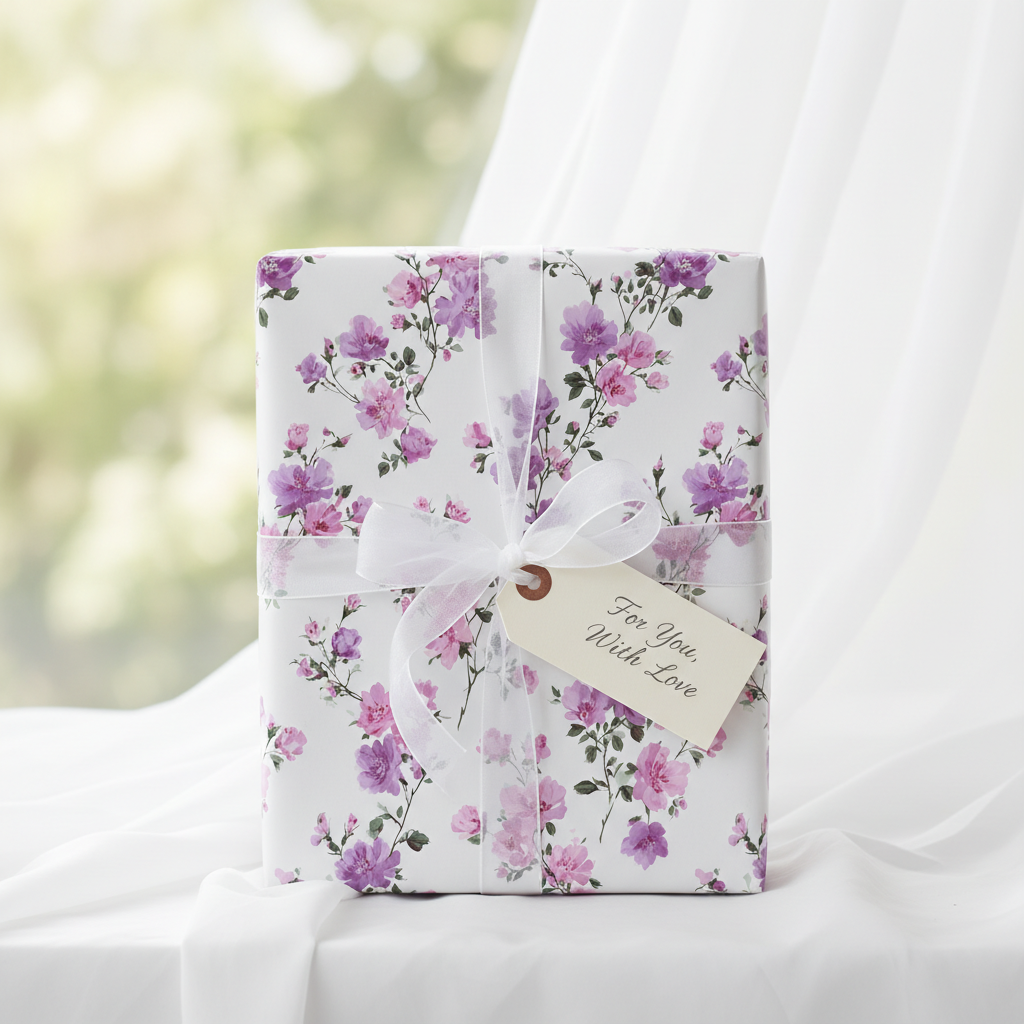 Elegant floral wrapping paper with purple and pink blossoms, tied with a white ribbon and "For You, With Love" tag, perfect for luxury gift wrapping.