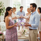 Elegant purple floral wrapping paper on a baby shower gift being exchanged, with a custom tag and satin bow.