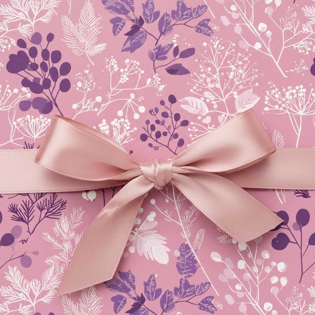 Close-up of gift wrapped in floral wrapping paper with a pink satin bow, perfect for a birthday gift.