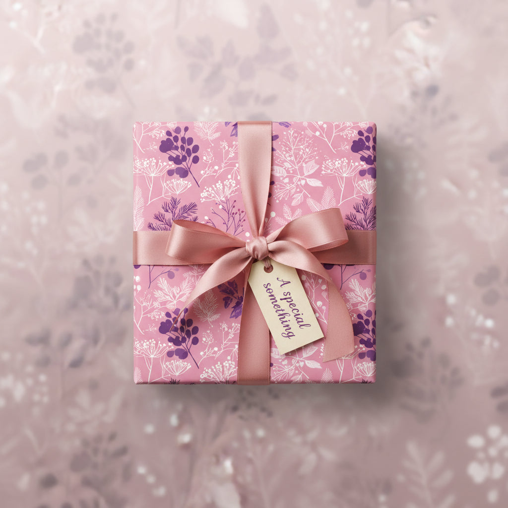 Square gift wrapped in pink floral wrapping paper with ribbon and tag.