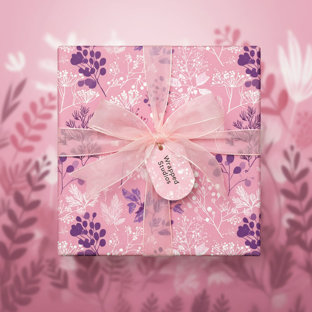 Elegant gift wrapped in pink floral wrapping paper with a sheer ribbon.