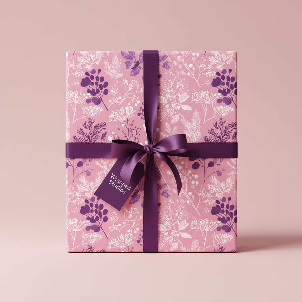 Pink floral wrapping paper with plum ribbon and bow, elegant gift wrap.