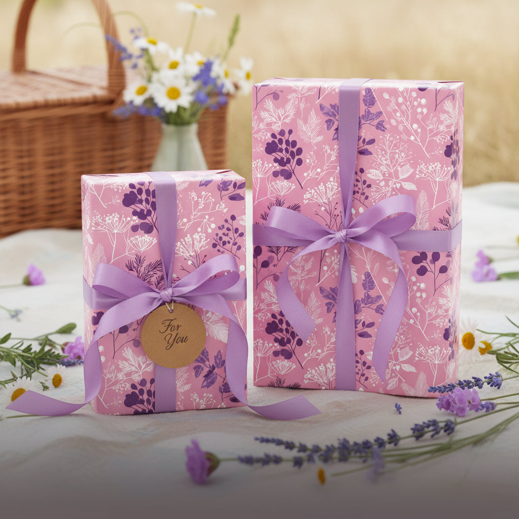 Two gifts wrapped in pink floral wrapping paper with lilac ribbon and "For You" tag.