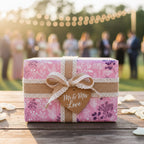 Pink floral wrapping paper with rustic burlap ribbon and "Mr & Mrs Love" tag for wedding gift.
