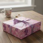 Elegant gift wrapped in pink floral wrapping paper with a lavender ribbon and a "Best Wishes" tag.