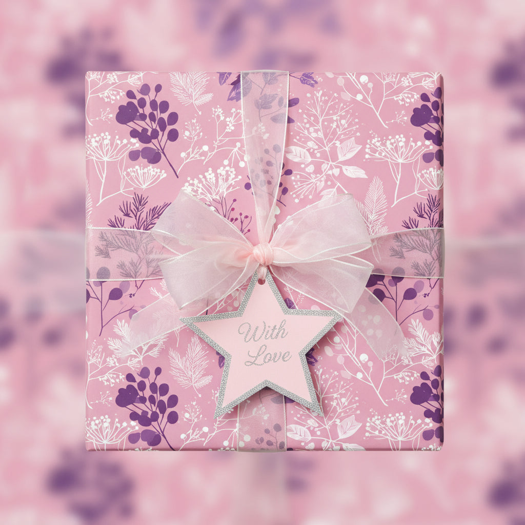 Square gift wrapped in pink floral wrapping paper with sheer ribbon and "With Love" star tag.