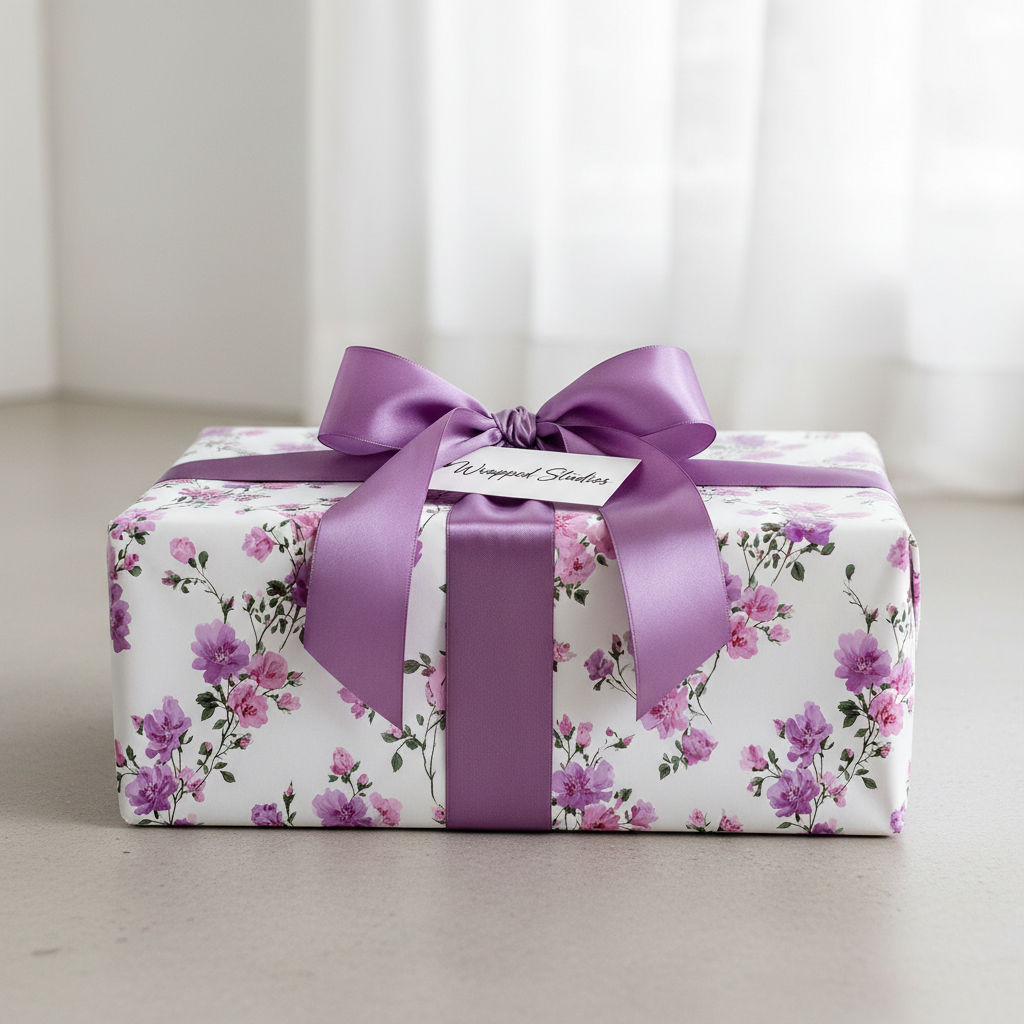Elegant floral wrapping paper with purple flowers and a matching purple satin ribbon and gift tag, perfect for a birthday or special occasion.