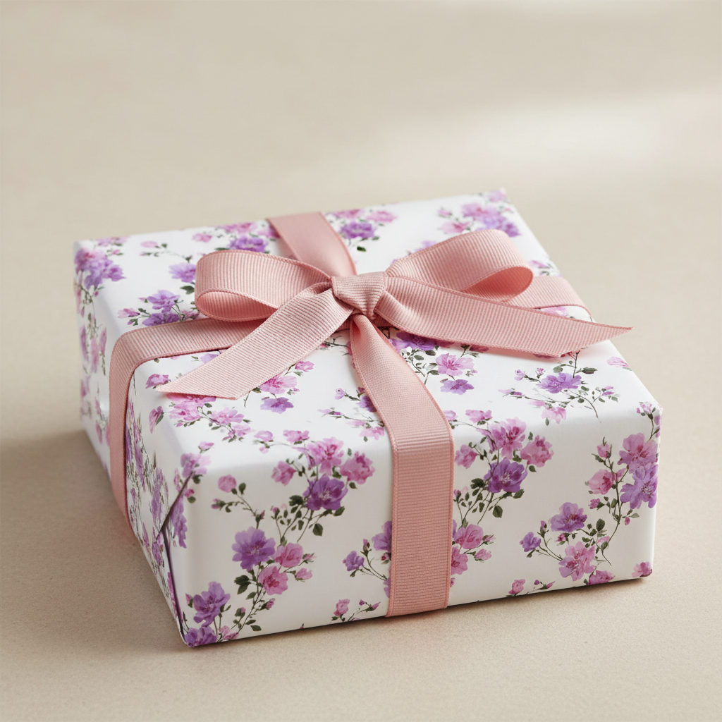 Elegant white floral wrapping paper with delicate purple flowers and a pink ribbon bow, perfect for a luxury birthday or wedding gift.