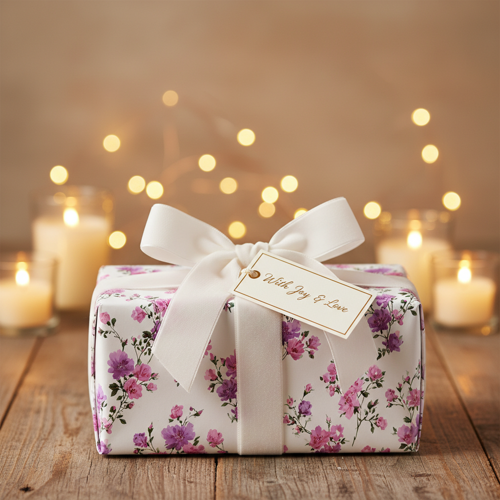 Elegant floral wrapping paper with purple and pink blossoms, tied with a white satin ribbon and "With Joy & Love" tag, on a rustic wooden table with soft candlelit bokeh.