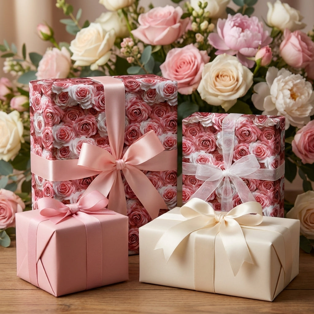 Pink rose floral wrapping paper from Wrapped Studios on elegant wedding and Mother's Day gifts with ribbons.