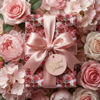Elegant pink rose floral wrapping paper with a satin bow on a gift box by Wrapped Studios.