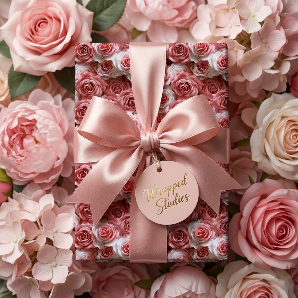 Elegant pink rose floral wrapping paper with a satin bow on a gift box by Wrapped Studios.
