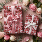 Luxury floral wrapping paper with pink roses and satin bows on gift boxes by Wrapped Studios.