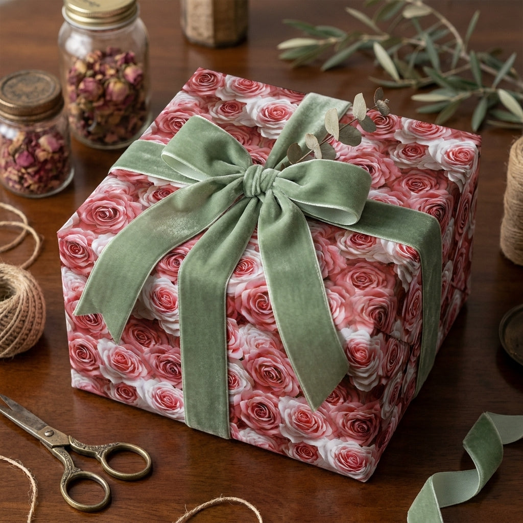 Vintage pink rose floral wrapping paper with a sage green velvet bow on a gift box by Wrapped Studios.
