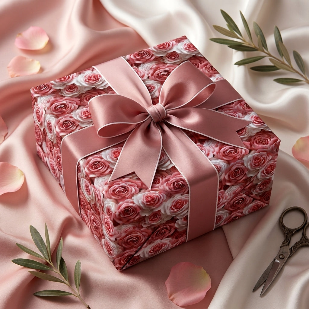 Pink rose floral wrapping paper with a luxury satin bow on silk by Wrapped Studios.