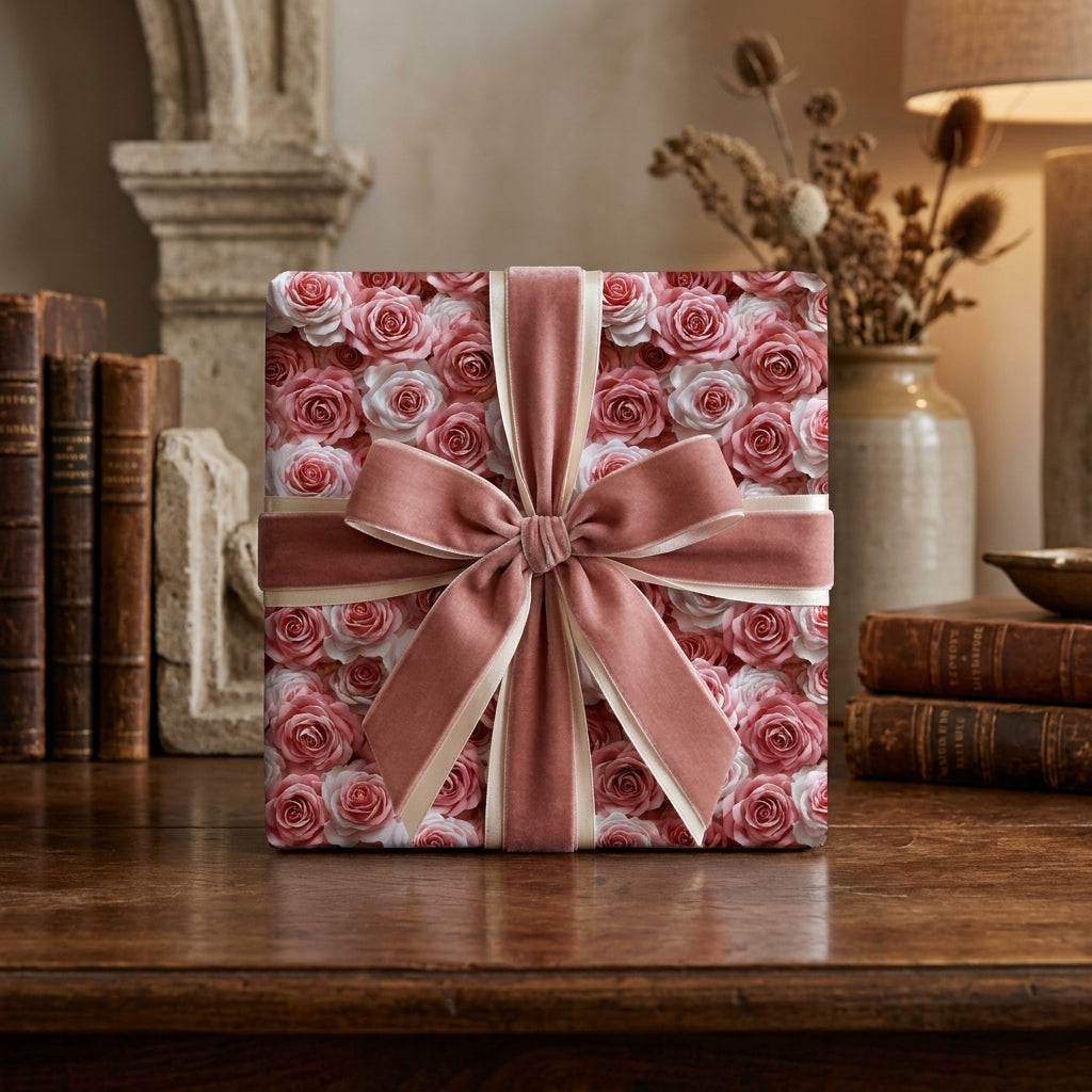 Luxury floral wrapping paper with pink roses and a velvet ribbon by Wrapped Studios.