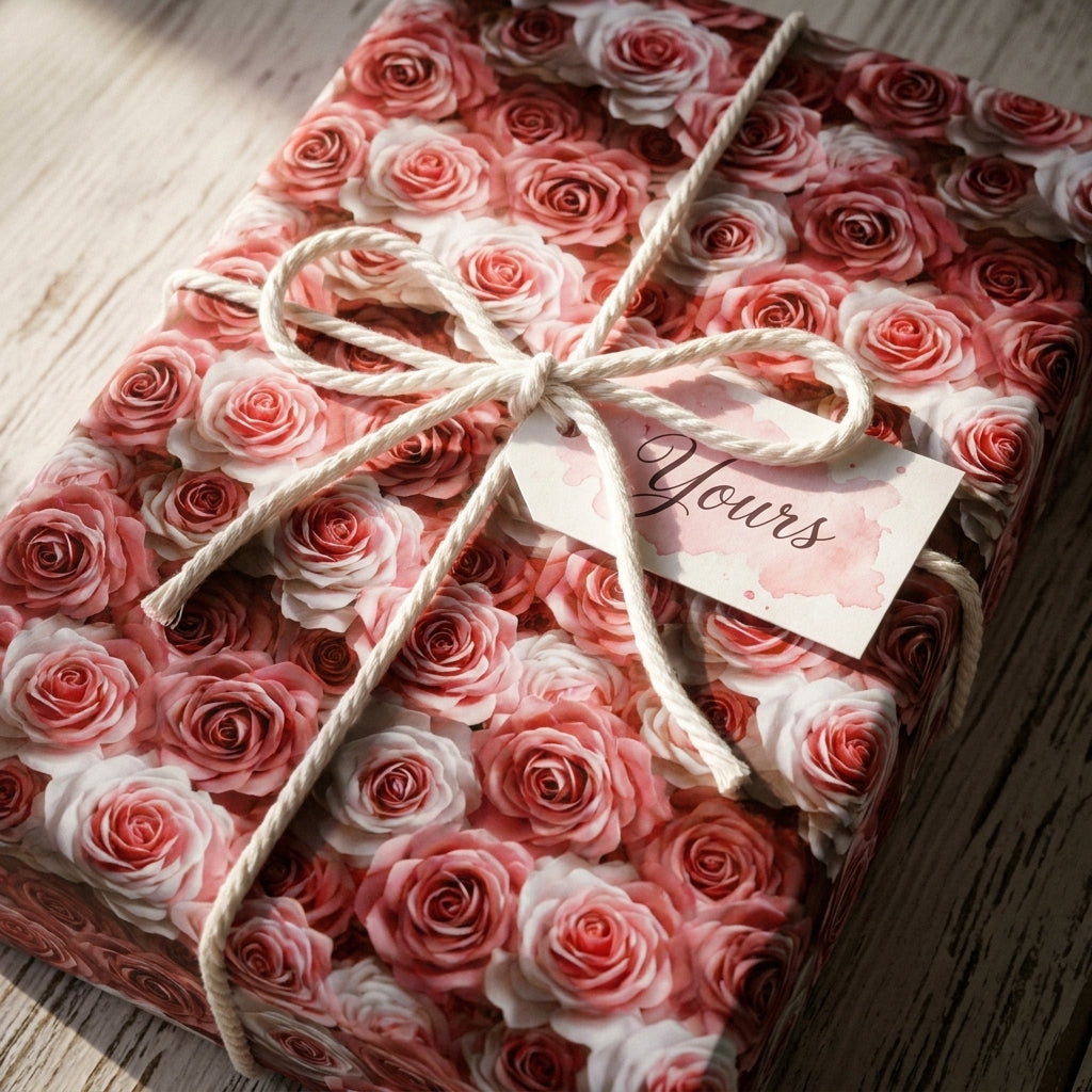 Romantic pink rose floral wrapping paper on a gift box with a twine bow, by Wrapped Studios.
