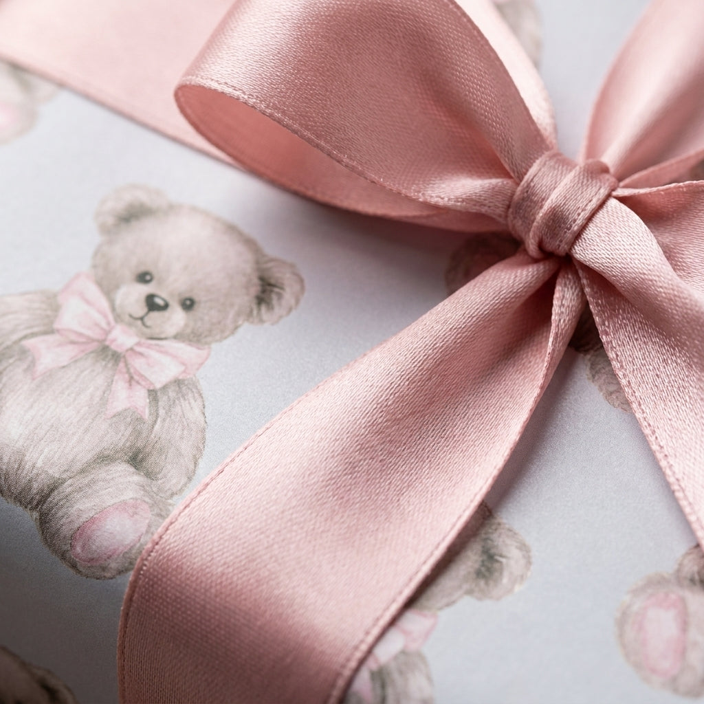 Teddy bear wrapping paper with a dusty pink satin ribbon for a baby shower, by Wrapped Studios.