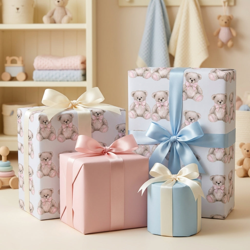 Teddy bear baby shower wrapping paper on pastel gift boxes with satin bows by Wrapped Studios.
