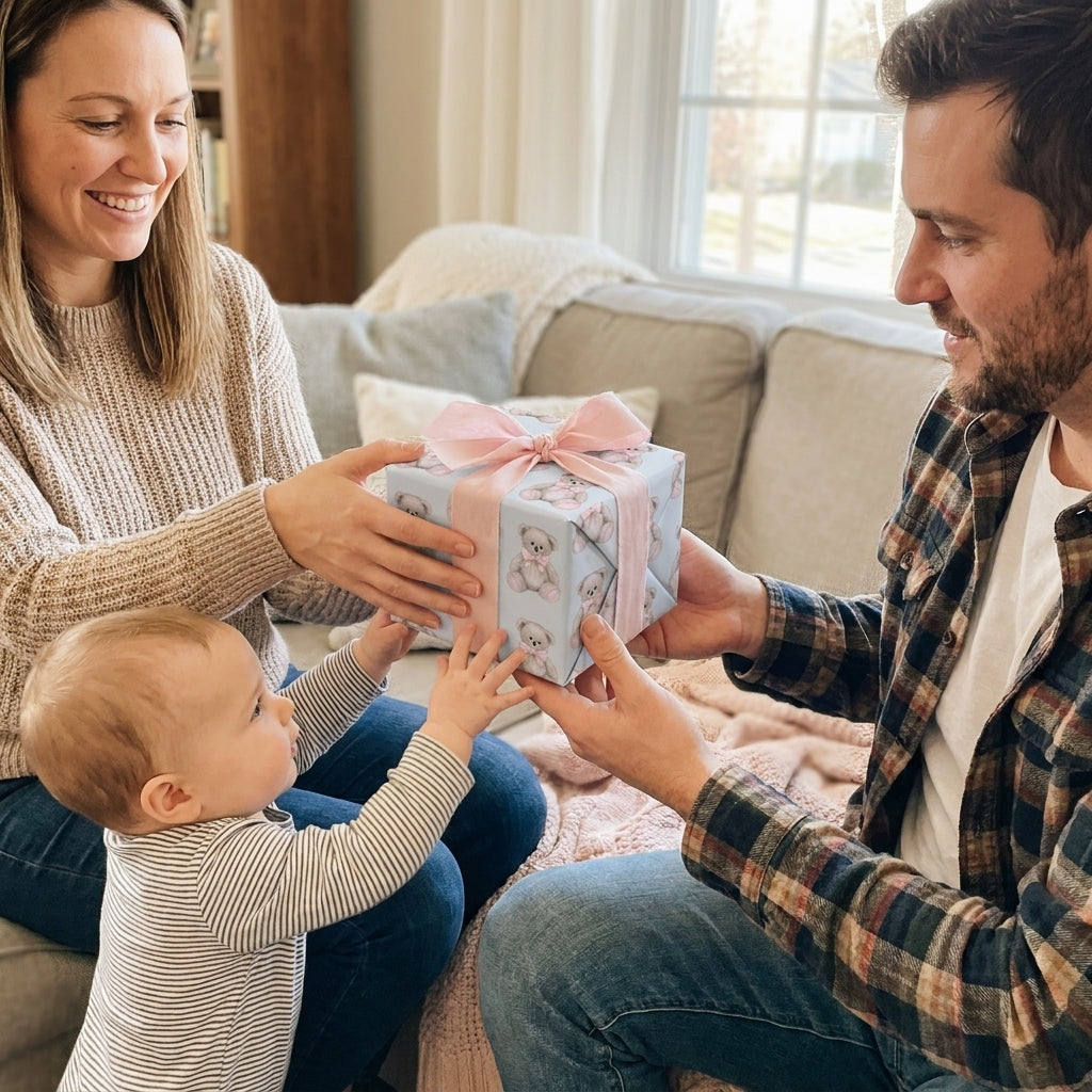 Parents giving baby a gift wrapped in teddy bear wrapping paper with a pink bow by Wrapped Studios.