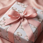Cute teddy bear baby shower wrapping paper with a pink ribbon bow by Wrapped Studios.