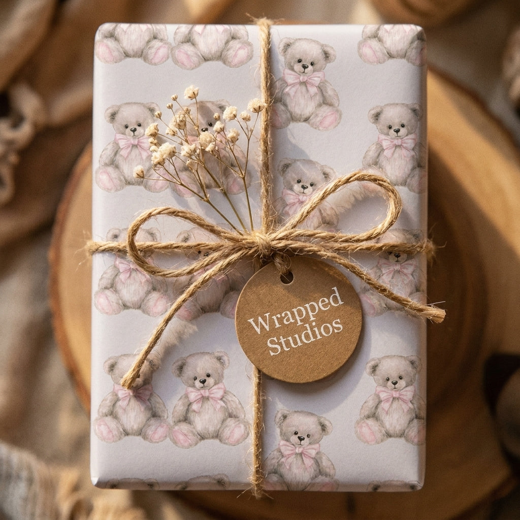 Cute teddy bear wrapping paper for baby showers, tied with a rustic twine bow by Wrapped Studios.