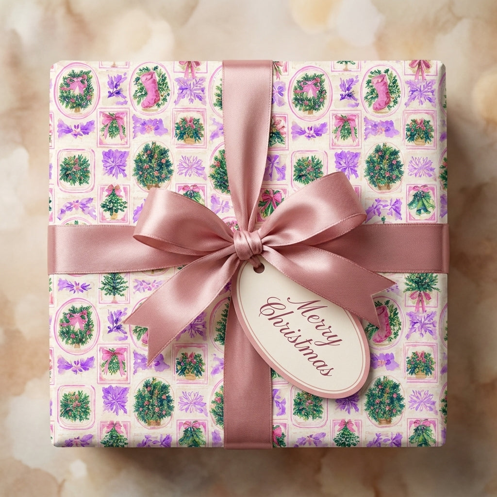 Elegant pink watercolor Christmas wrapping paper with a dusty rose satin bow by Wrapped Studios.