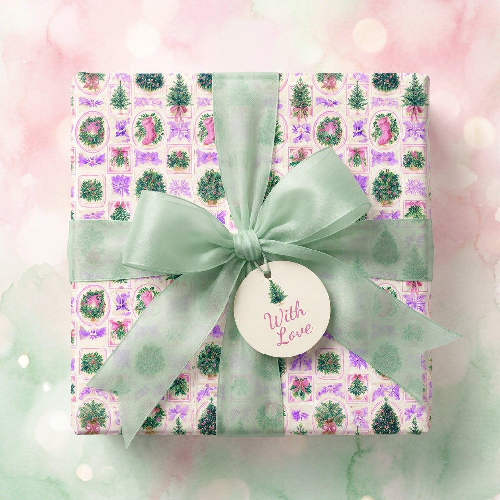 Pastel watercolor Christmas wrapping paper with a sage green bow and tag by Wrapped Studios.