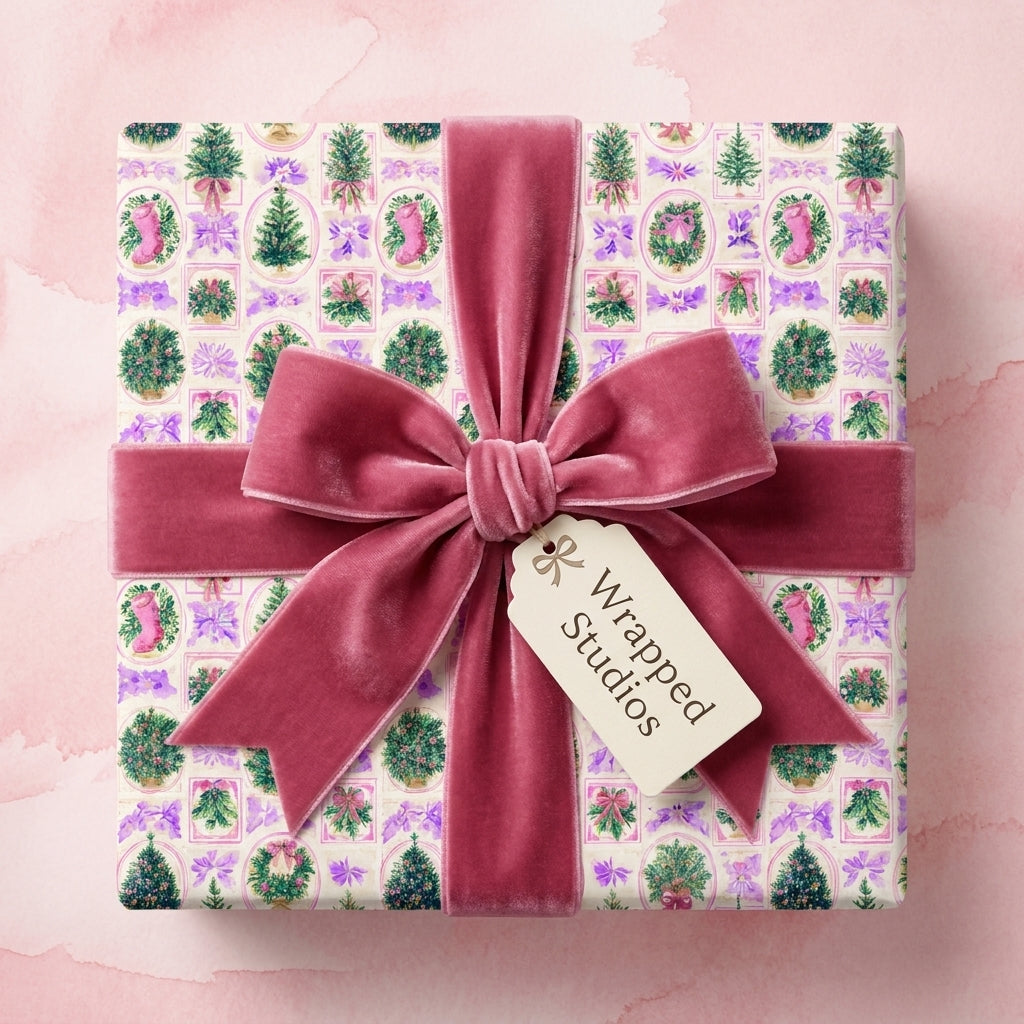 Pink Christmas wrapping paper with watercolor holiday trees and a luxury velvet bow by Wrapped Studios.