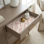 Elegant pink floral wrapping paper used as a dresser drawer liner by Wrapped Studios.