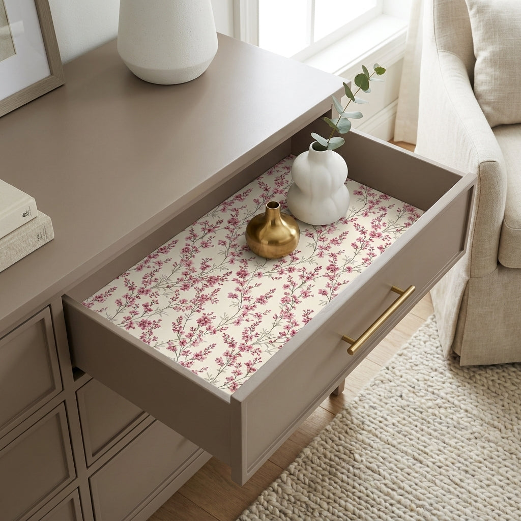 Elegant pink floral wrapping paper used as a dresser drawer liner by Wrapped Studios.