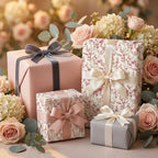 Elegant floral wedding wrapping paper on pink gift boxes with ribbons and roses by Wrapped Studios.