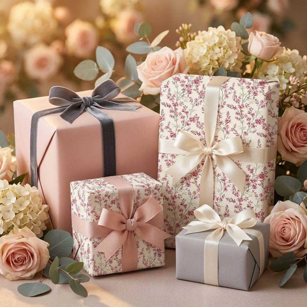 Elegant floral wedding wrapping paper on pink gift boxes with ribbons and roses by Wrapped Studios.