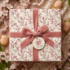 Elegant pink floral wrapping paper by Wrapped Studios on a gift box with a dusty rose velvet bow.