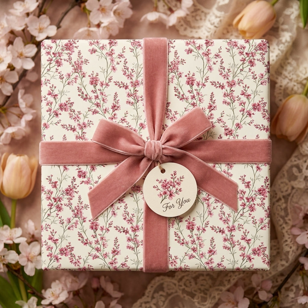 Elegant pink floral wrapping paper by Wrapped Studios on a gift box with a dusty rose velvet bow.