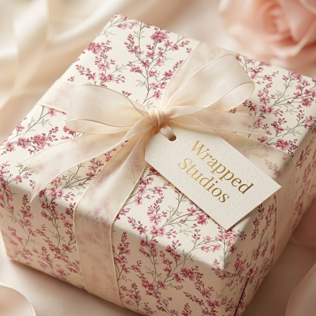 Elegant pink floral wrapping paper by Wrapped Studios with a sheer cream bow, luxury wedding gift wrap.