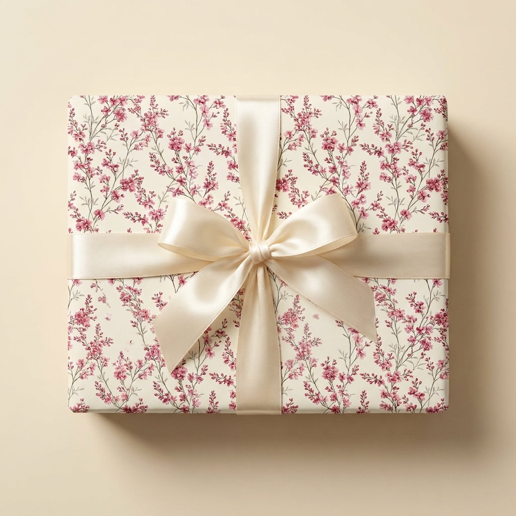 Elegant pink floral wrapping paper with a cream satin bow on a gift box by Wrapped Studios.
