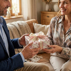 Man giving woman a gift in elegant pink floral wrapping paper with satin bow, by Wrapped Studios.