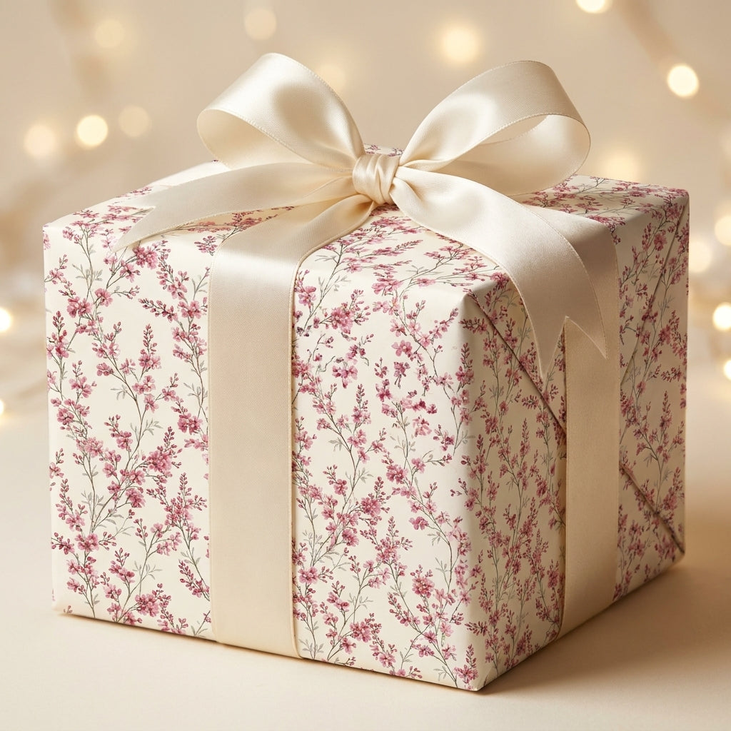 Luxury pink floral wrapping paper by Wrapped Studios on a gift box with a cream satin bow.