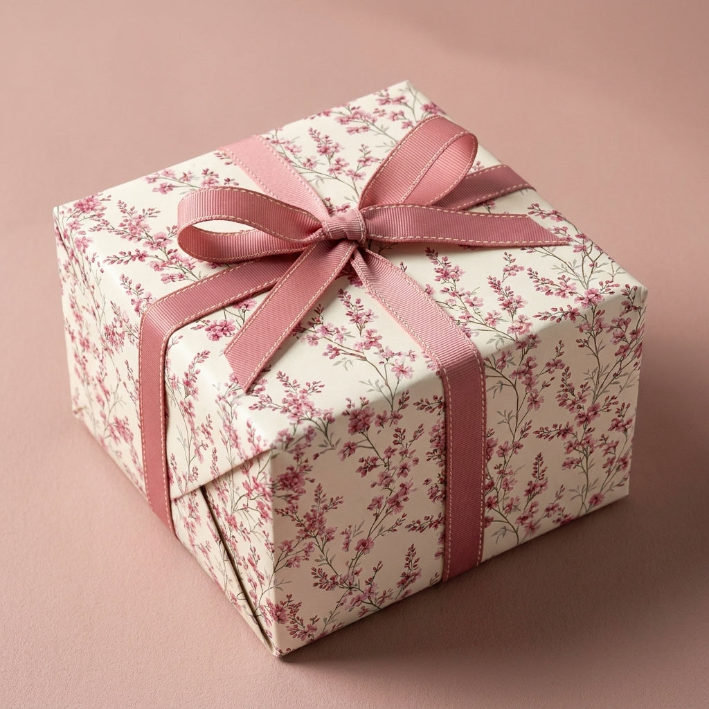 Elegant pink floral wrapping paper on a gift box with a dusty rose ribbon bow by Wrapped Studios.
