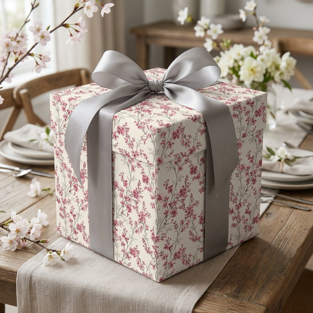 Elegant cherry blossom floral wrapping paper on a gift box with a silver satin bow by Wrapped Studios.
