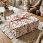 Elegant botanical floral wrapping paper on a gift box with pink twine by Wrapped Studios.