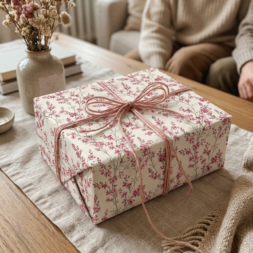 Elegant botanical floral wrapping paper on a gift box with pink twine by Wrapped Studios.