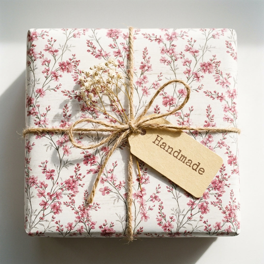 Vintage pink floral wrapping paper by Wrapped Studios, rustic gift wrap tied with twine and a handmade tag.