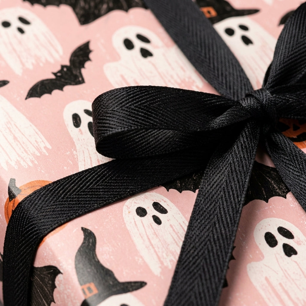 Pink Halloween wrapping paper with ghosts and bats, tied with a black bow by Wrapped Studios.