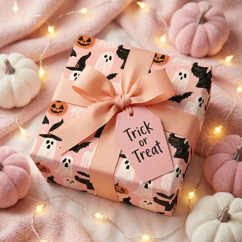Cute pink Halloween wrapping paper with ghosts and pumpkins on a cozy gift box, by Wrapped Studios.