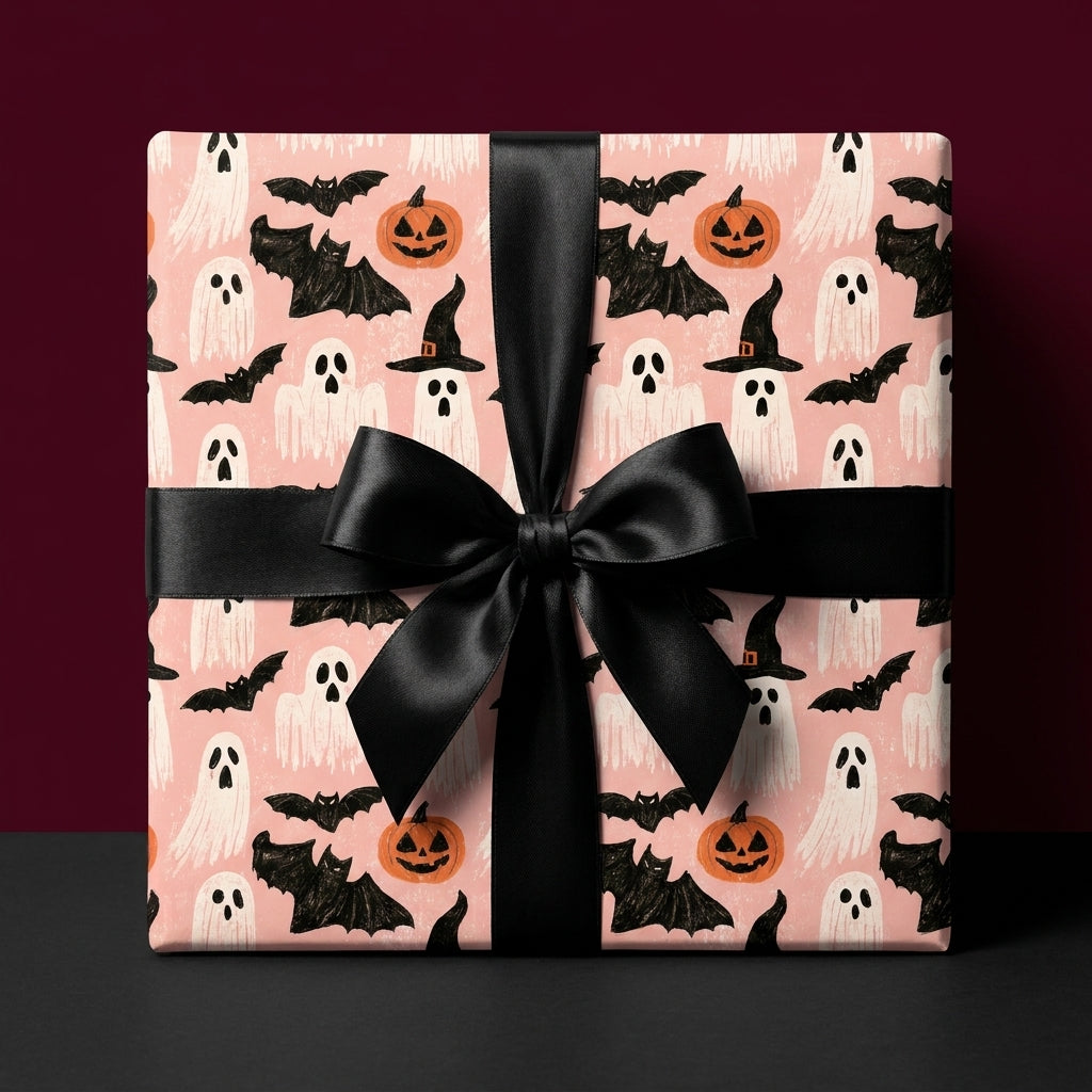 Cute pink Halloween wrapping paper with ghosts and bats, tied with a black satin bow by Wrapped Studios.